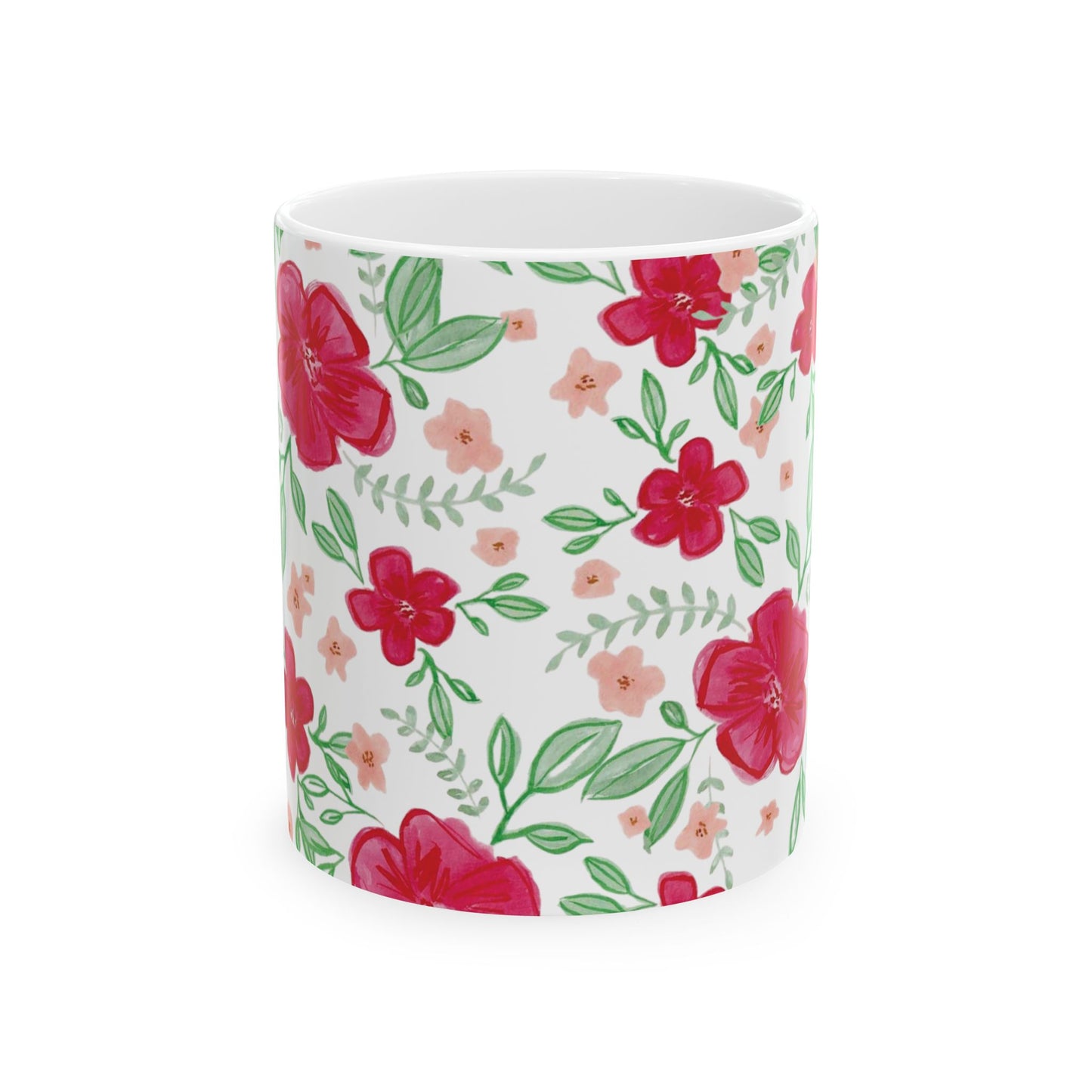 Bright Red Floral Ceramic Mug - 11oz