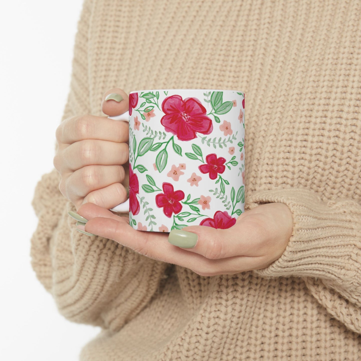 Bright Red Floral Ceramic Mug - 11oz