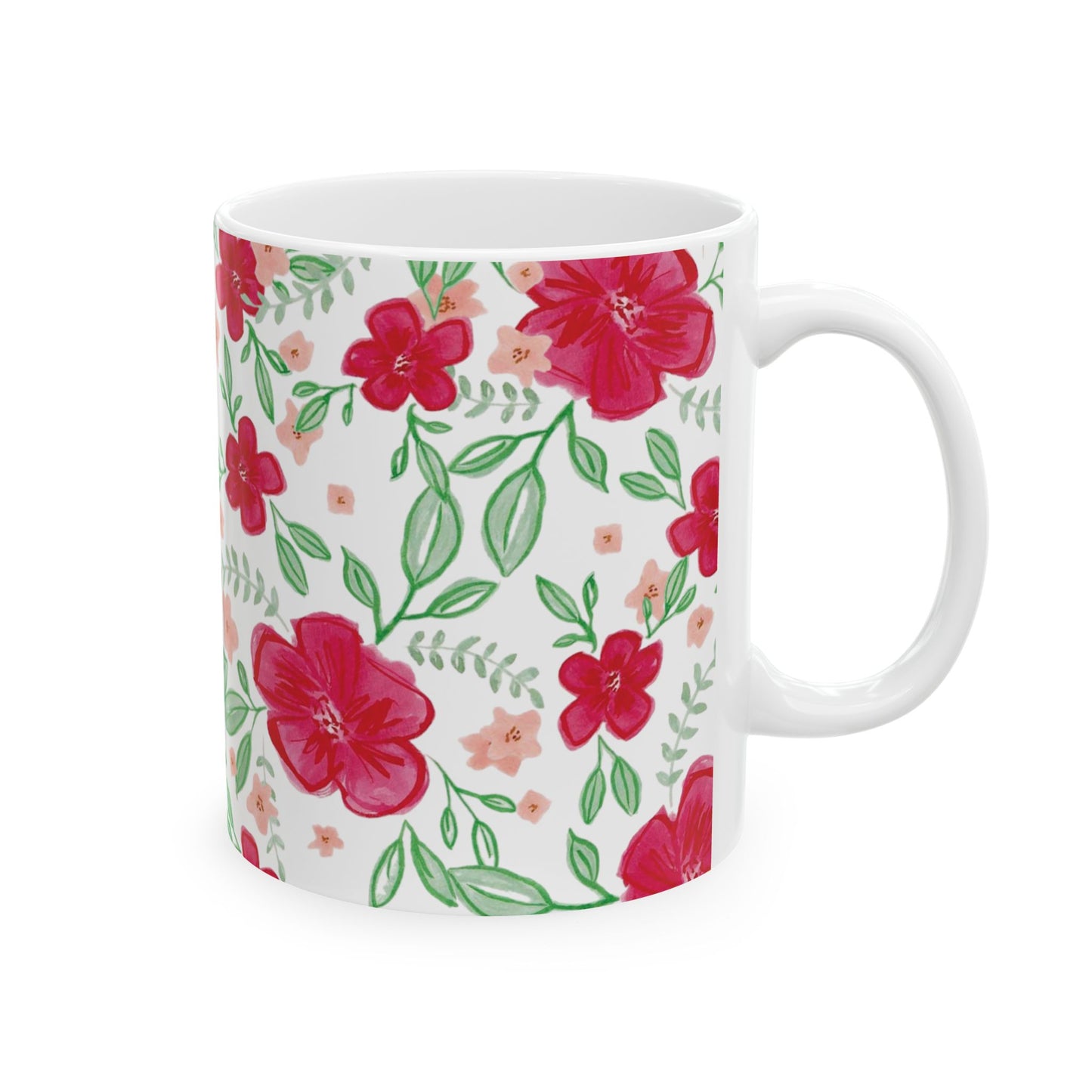 Bright Red Floral Ceramic Mug - 11oz