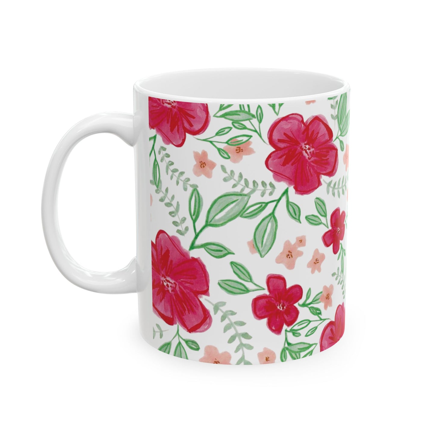 Bright Red Floral Ceramic Mug - 11oz