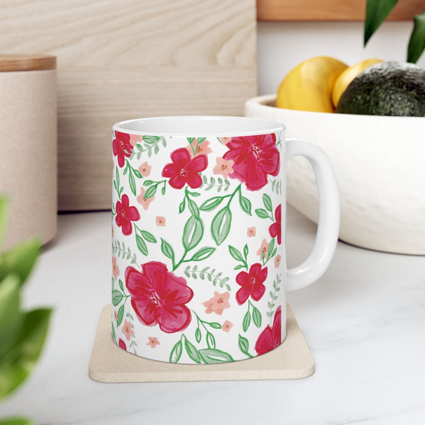 Bright Red Floral Ceramic Mug - 11oz