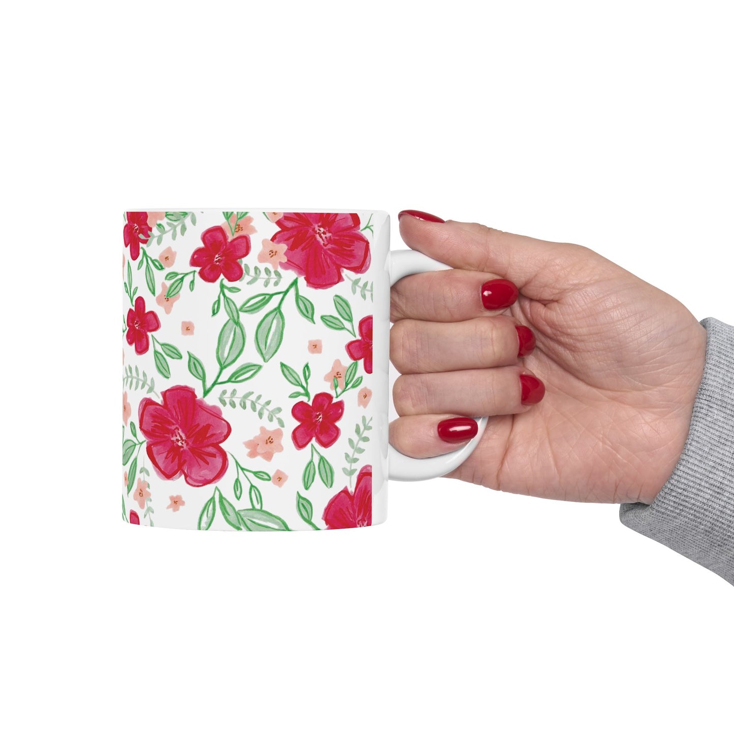 Bright Red Floral Ceramic Mug - 11oz