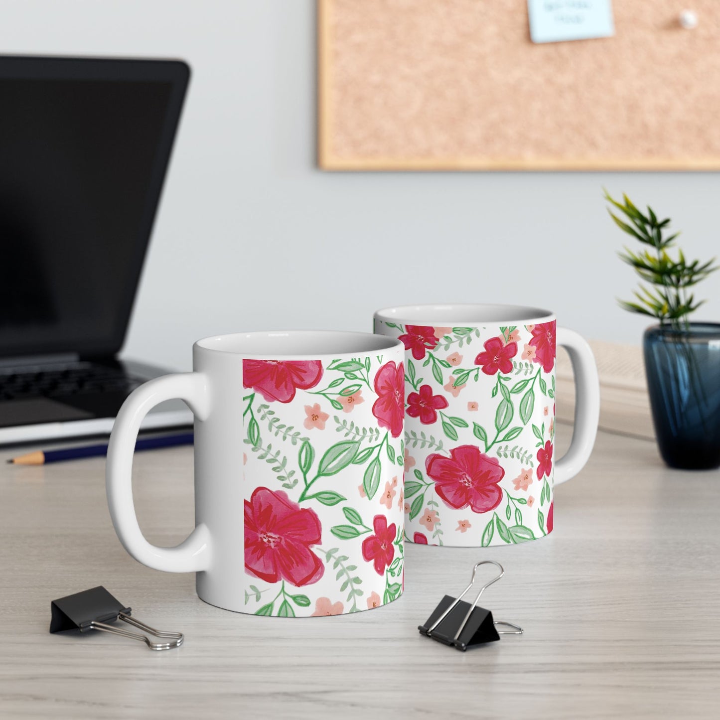 Bright Red Floral Ceramic Mug - 11oz