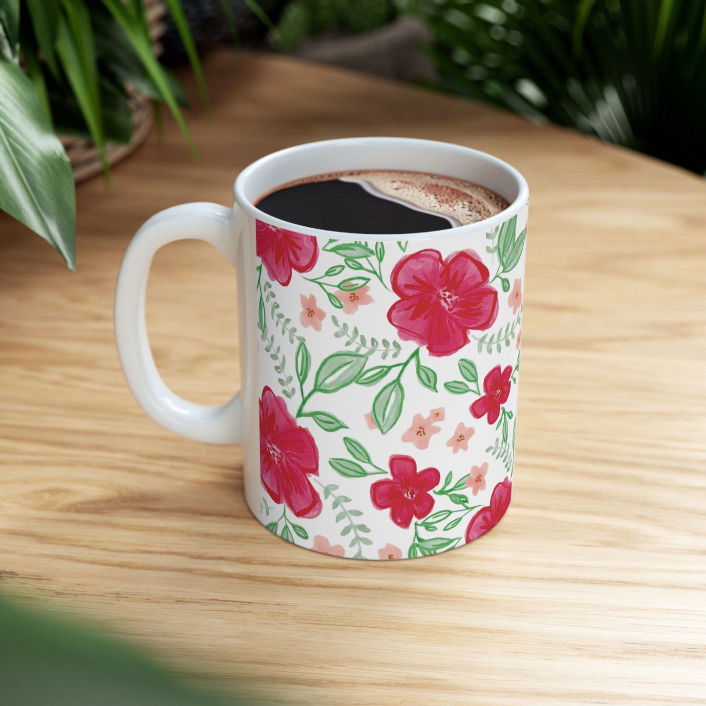 Bright Red Floral Ceramic Mug - 11oz